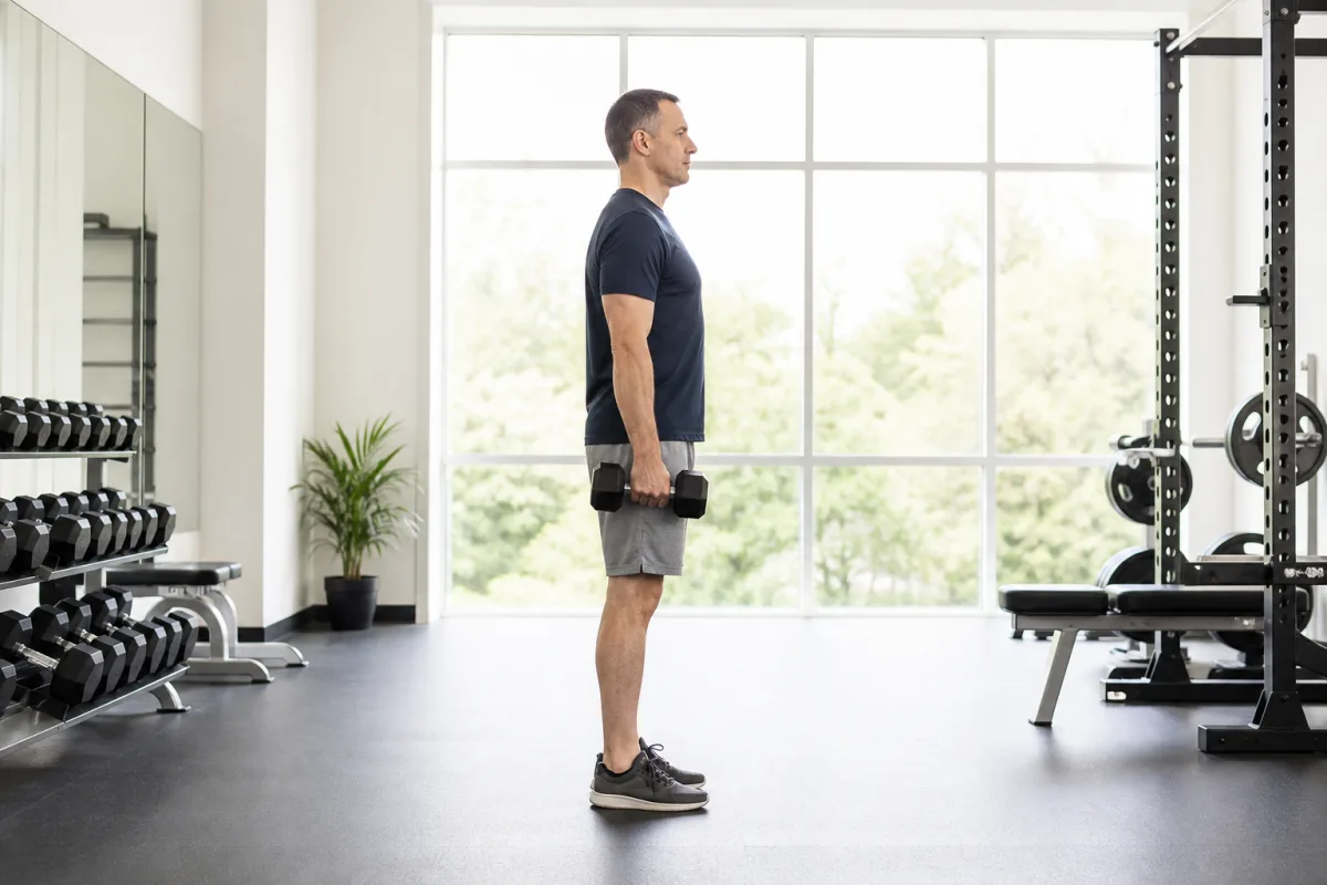 A man in his forties performing a controlled dumbbell squat in a bright naturally lit gym