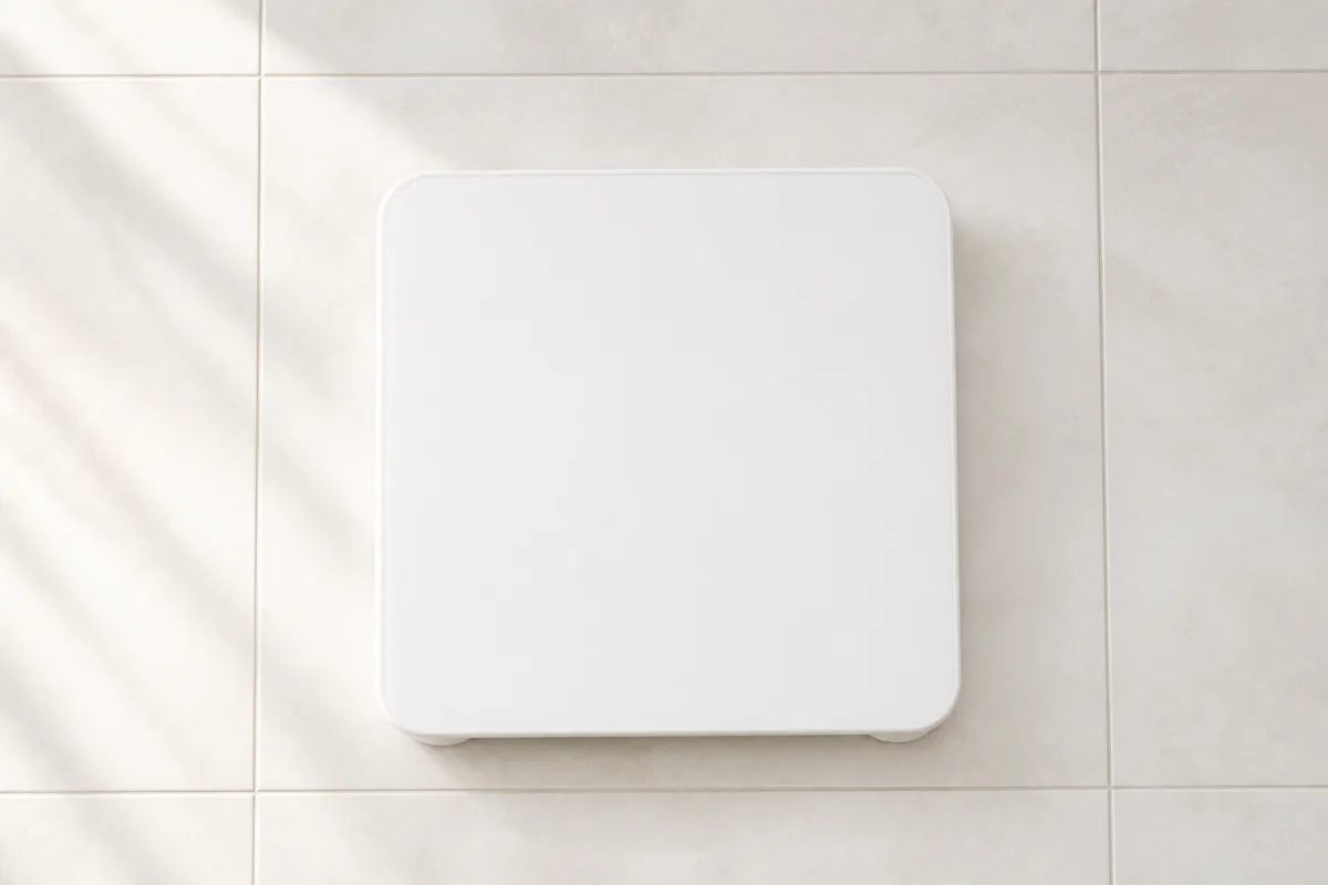 A bathroom scale on a bright tile floor, shot from above with soft daylight