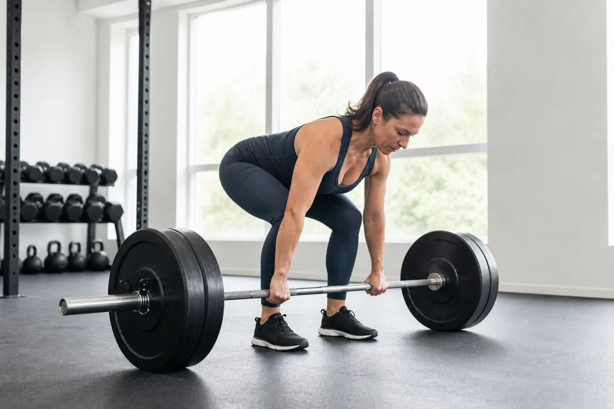 A woman in her forties gripping a loaded barbell for a deadlift setup in a bright gym