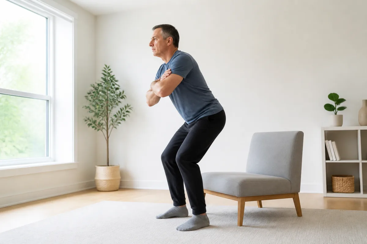 A man in his forties rising from a low chair with arms crossed over his chest in a bright room