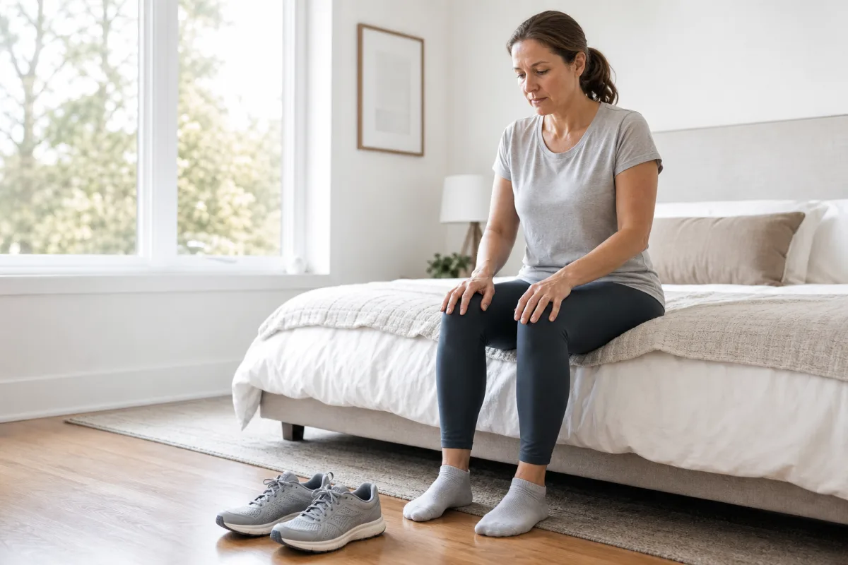 A woman in her forties sitting on the edge of a bed in bright morning light with running shoes on the floor in front of her