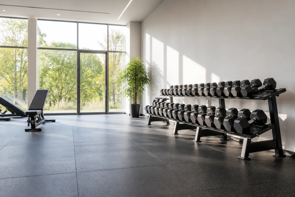 An empty bright gym floor with dumbbells racked along a wall and light coming through large windows