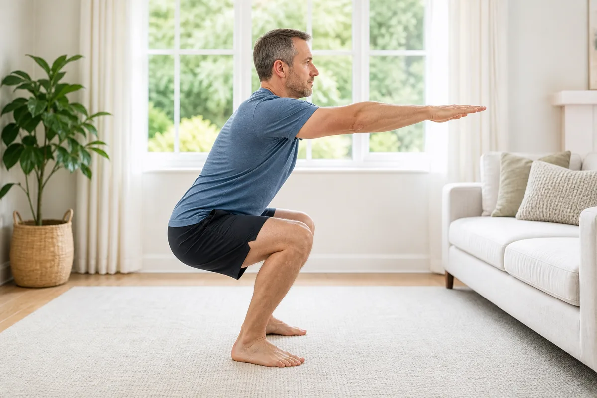 A man in his forties doing a bodyweight squat on a living room floor in bright natural window light