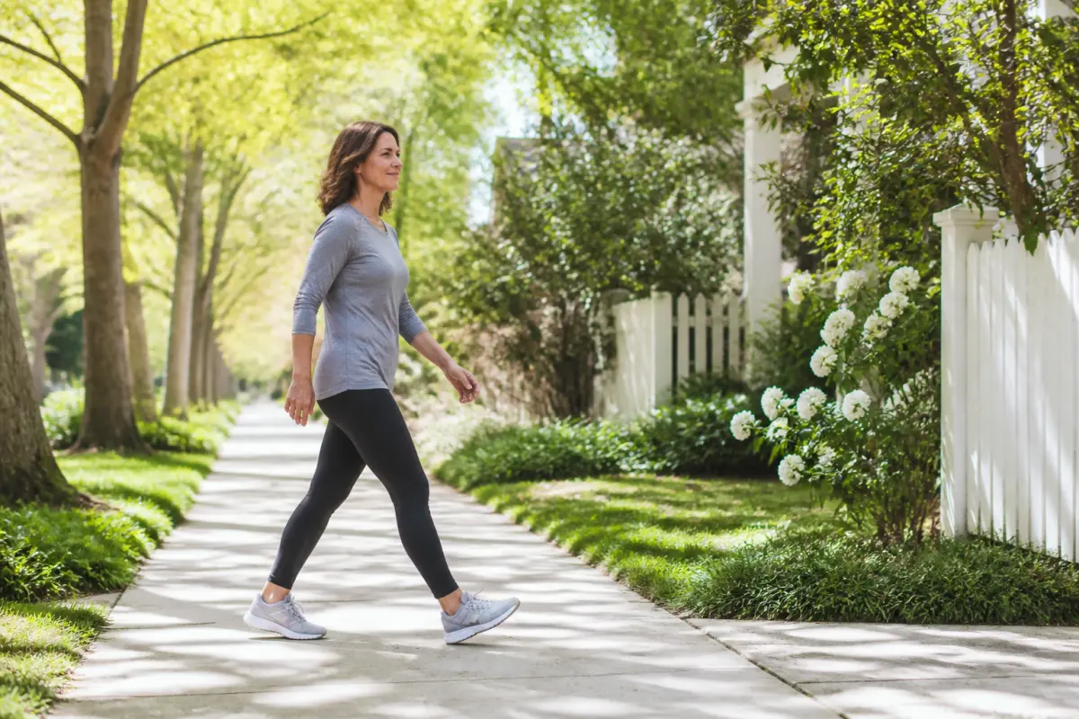 A woman in her forties walking on a bright tree-lined sidewalk in workout clothes on a clear morning