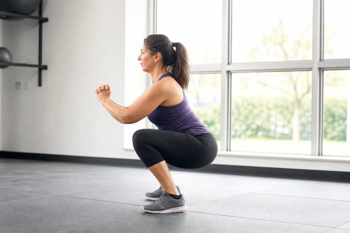 A woman performing a deep bodyweight squat in a bright gym with large windows, photographed from the side