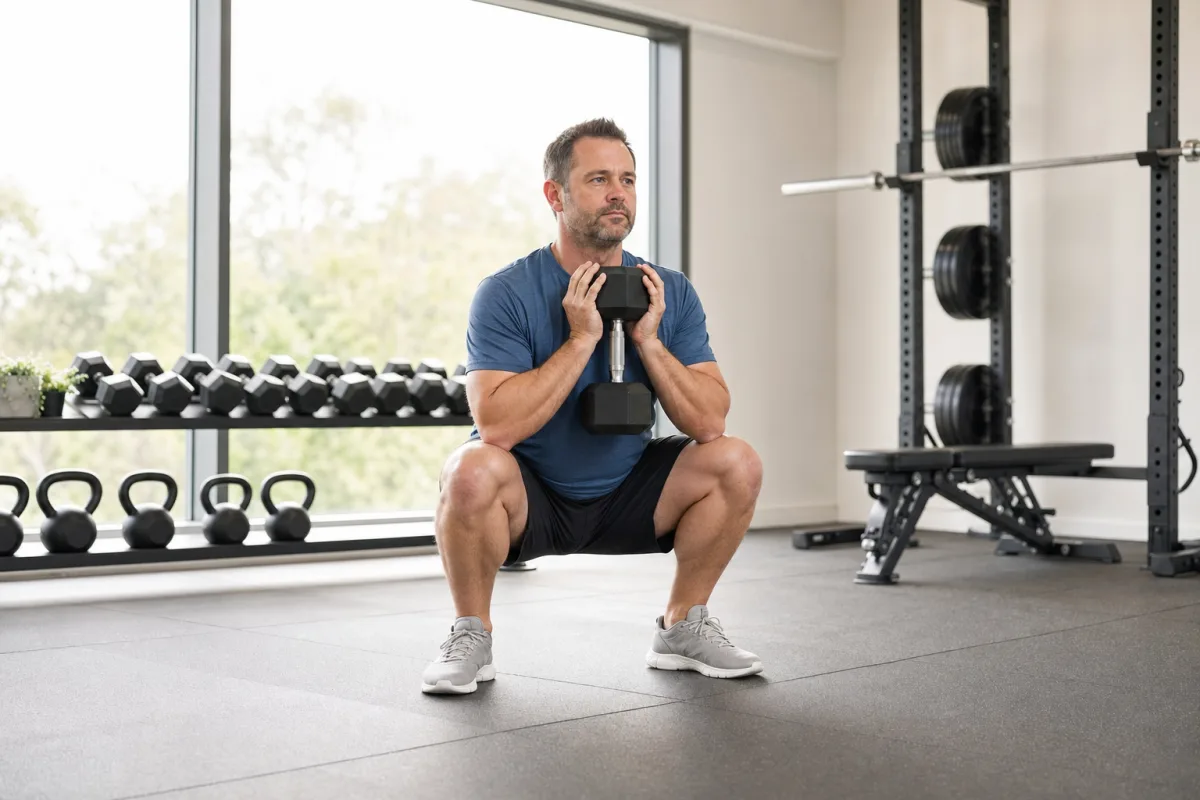 A man performing a goblet squat holding a dumbbell at his chest in a bright naturally lit gym