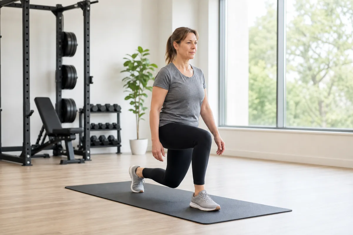A woman doing a bodyweight reverse lunge on an exercise mat in a bright gym, photographed from a wide angle
